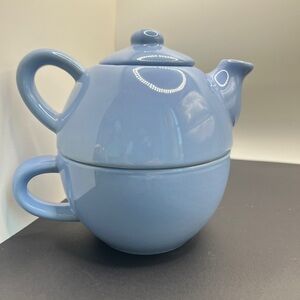 Pier 1 Blue Ceramic Stoneware Tea For One Stackable Teapot Excellent Condition